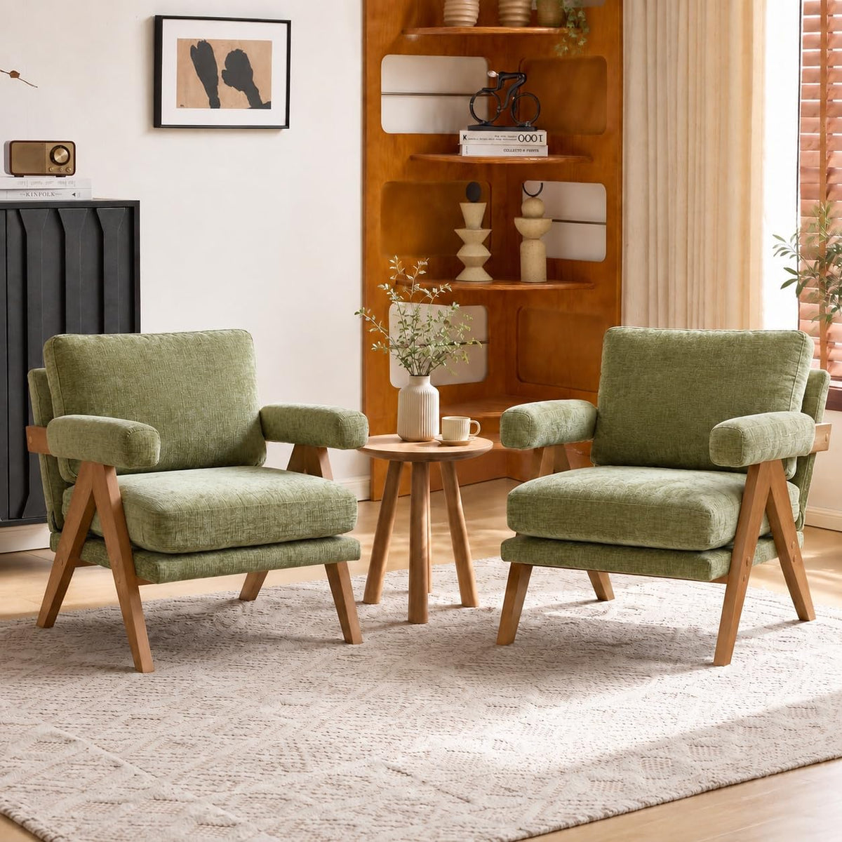 Olive Green Mid-Century Wood Accent Chair Set of 2 Q6134