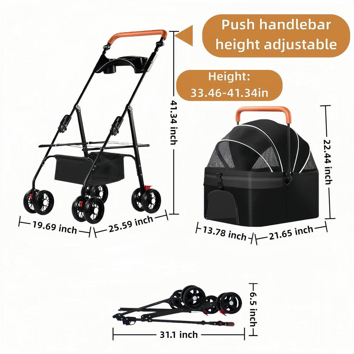 Black Foldable Pet Stroller with Storage Basket K645