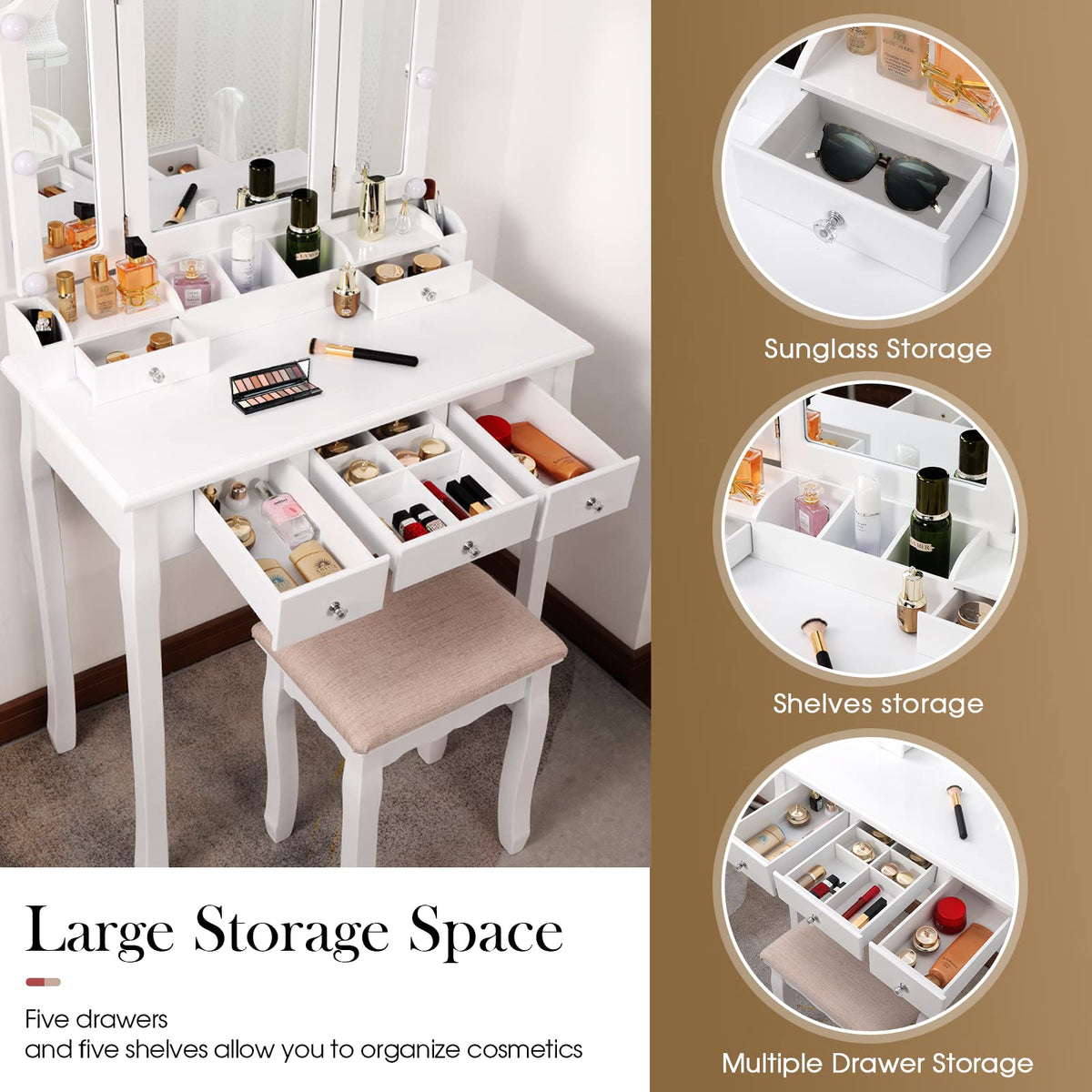 White Makeup Vanity Desk with Mirror and Chair Y686780