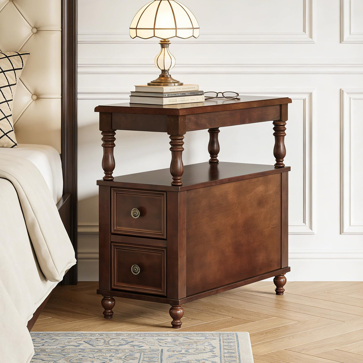 Solid Wood End Table with 2 Drawers and 2-Tier Open Shelf H641
