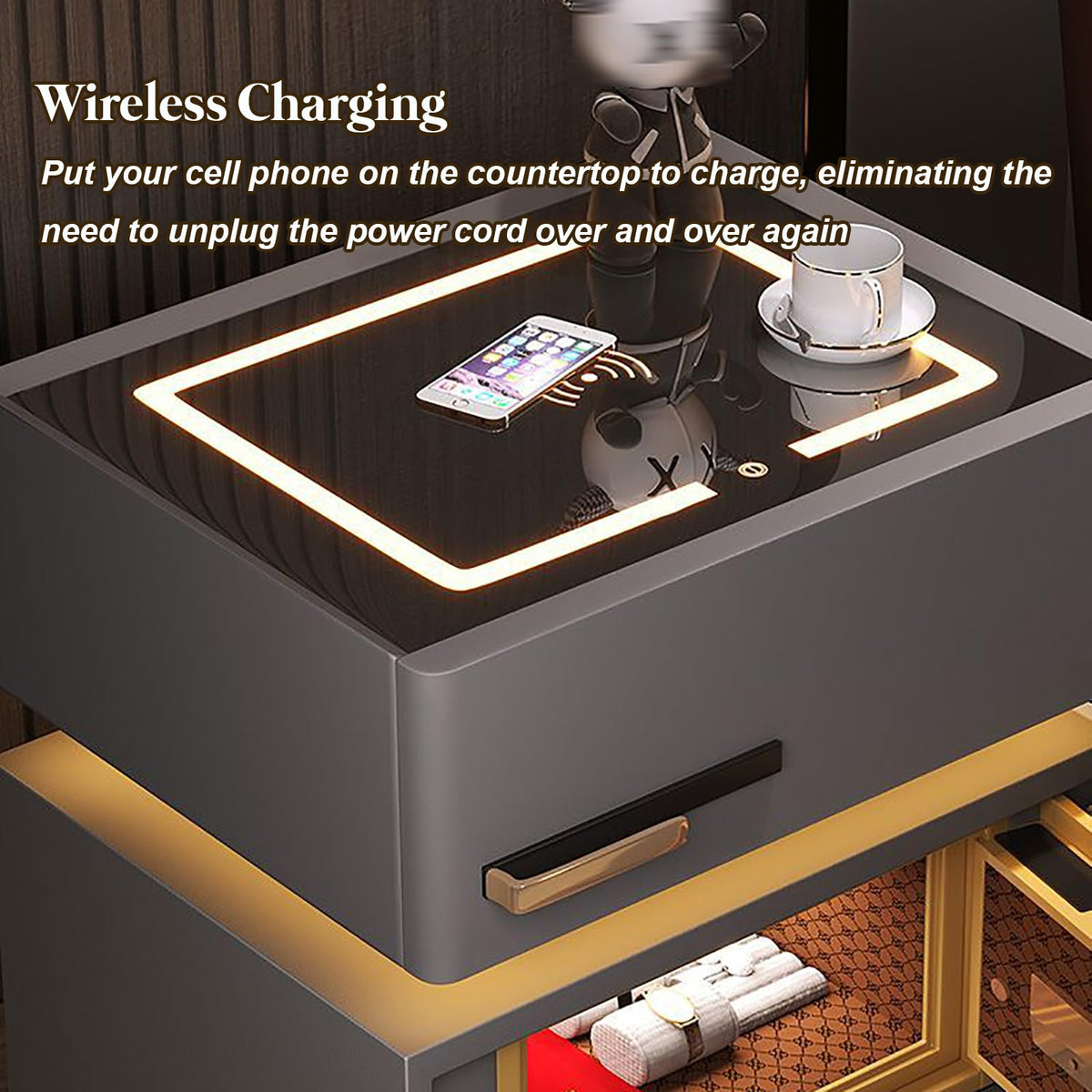 Light Gray Nightstand with Wireless Charging and Drawers W842