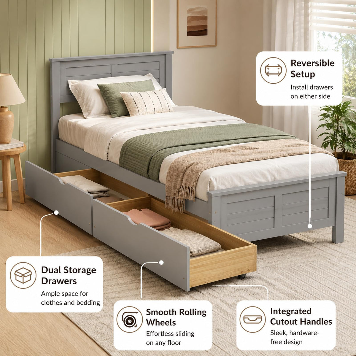Wood Bed Frame with 2 Drawers & Headboard I8419