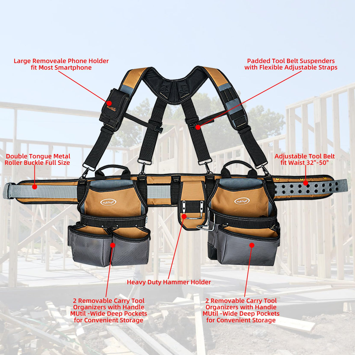 Khaki 28-Pocket Tool Belt and Suspenders I249859