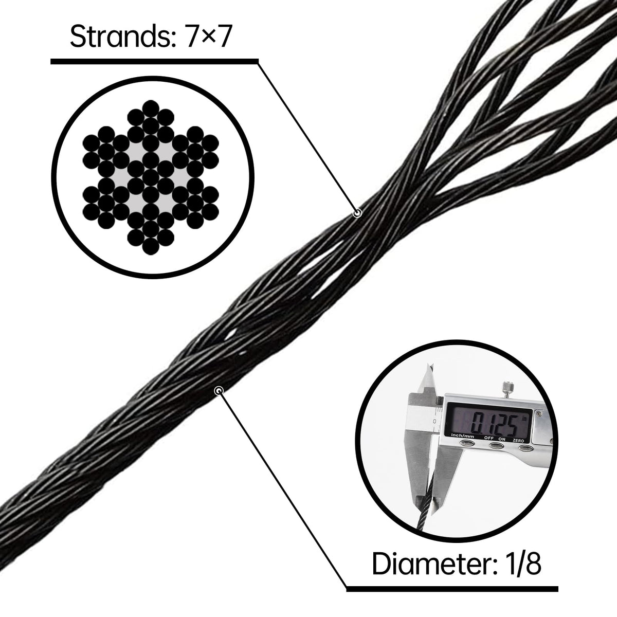 Black Stainless Steel Cable for Railing 220FT 1/8" T316 Wire Rope E20110
