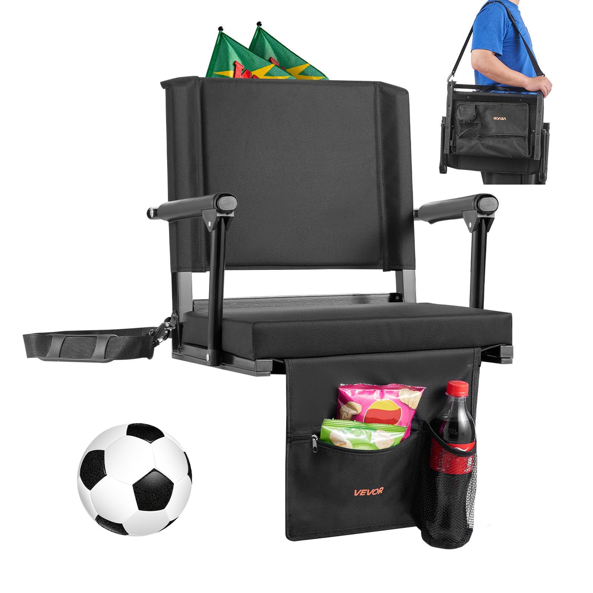 Portable Bleacher Seat with Armrest, Back Support and Cup Holder, Black D67921