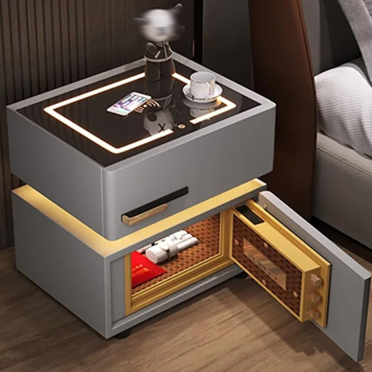 Light Gray Nightstand with Wireless Charging and Drawers W842