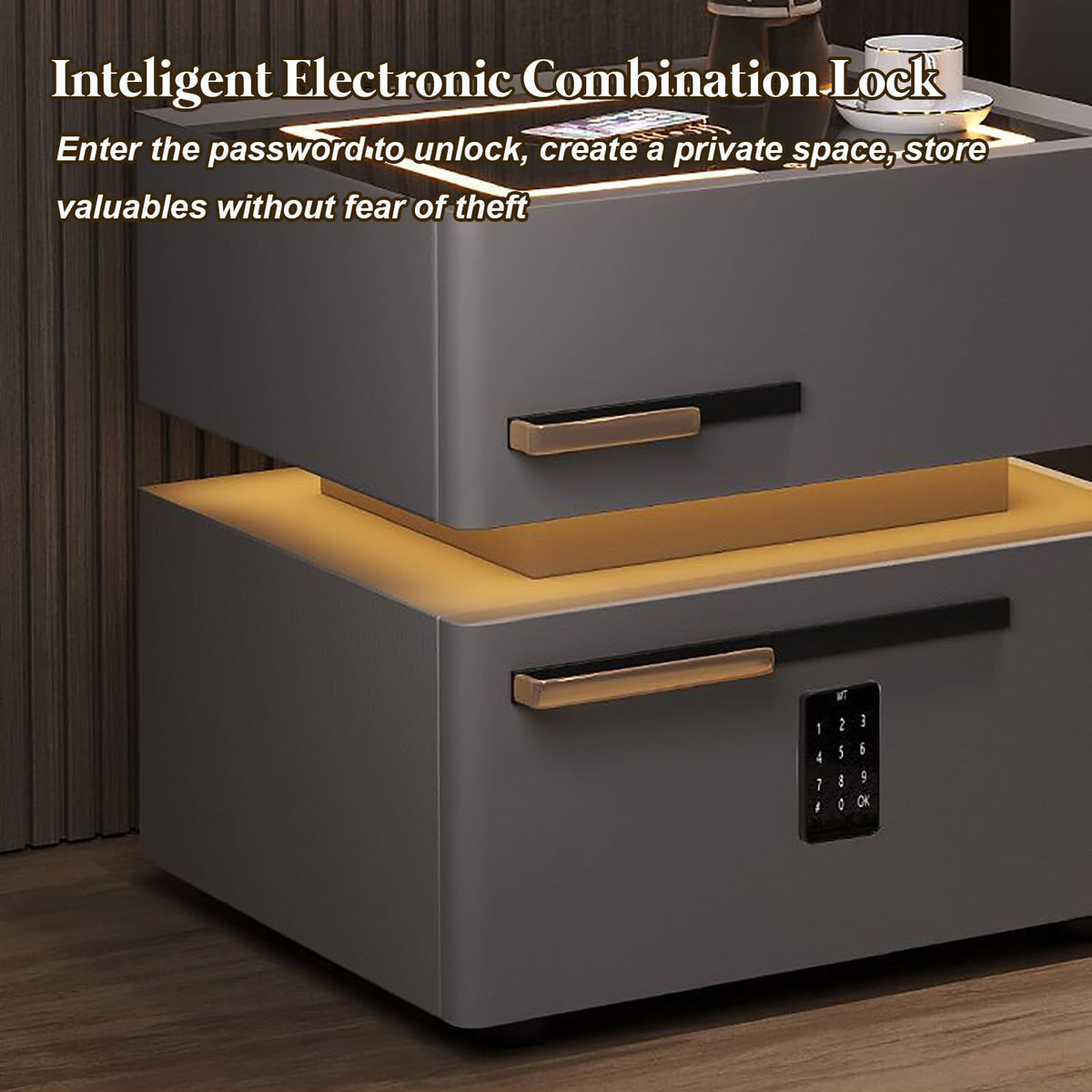 Light Gray Nightstand with Wireless Charging and Drawers W842
