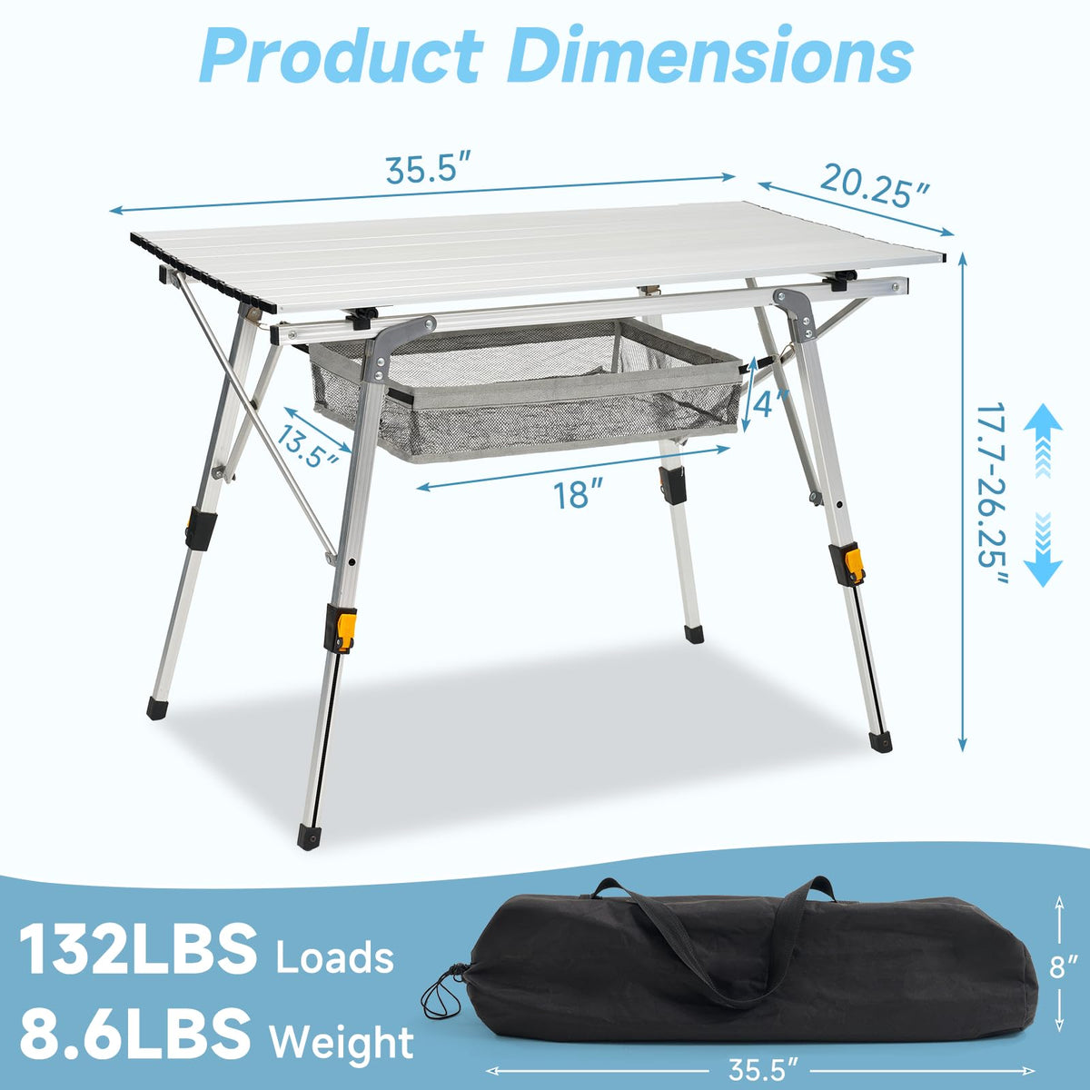 Camping Table Portable Foldable with Adjustable Legs & Storage Layer O557