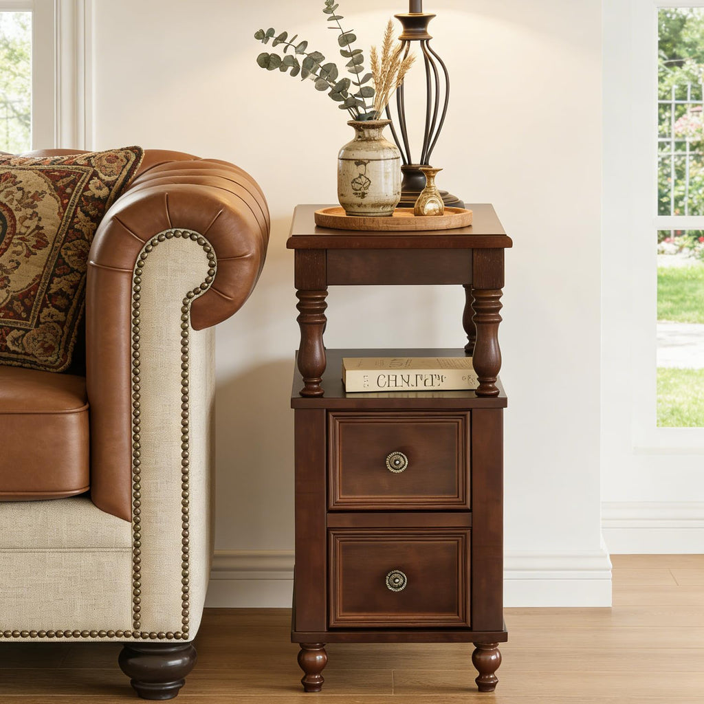 Solid Wood End Table with 2 Drawers and 2-Tier Open Shelf H641