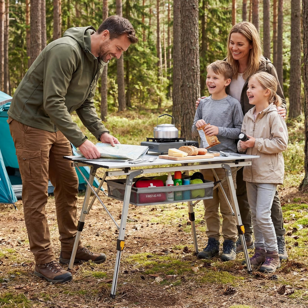 Camping Table Portable Foldable with Adjustable Legs & Storage Layer O557
