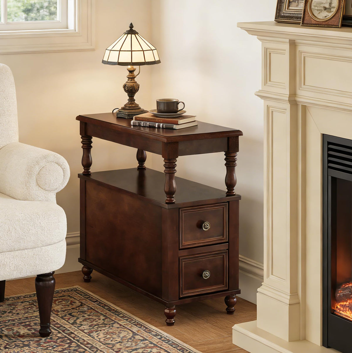 Solid Wood End Table with 2 Drawers and 2-Tier Open Shelf H641