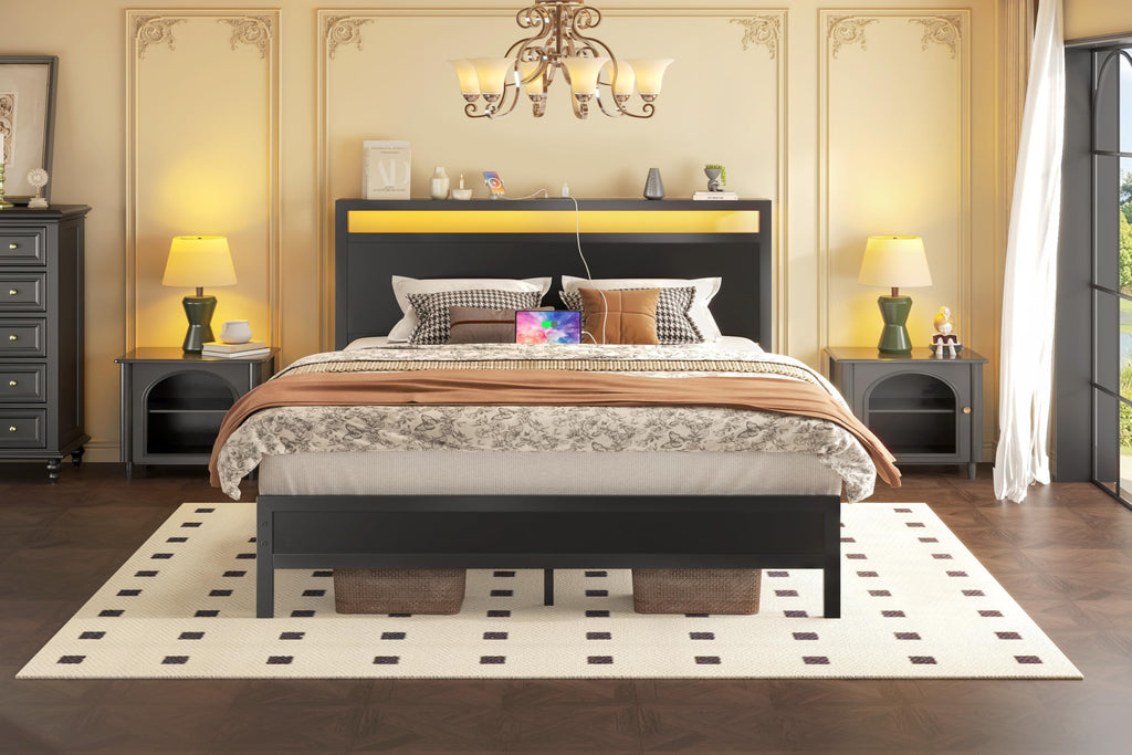 Full Bed Frame with Headboard, Footboard, Charging Station, LED Light, Storage Shelf, Black J413415