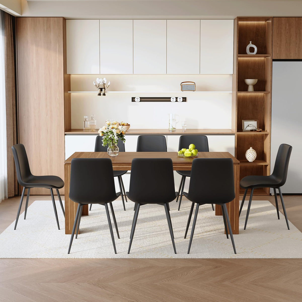 Walnut 9 Piece Dining Table Set with 8 Black Upholstered Chairs V73626