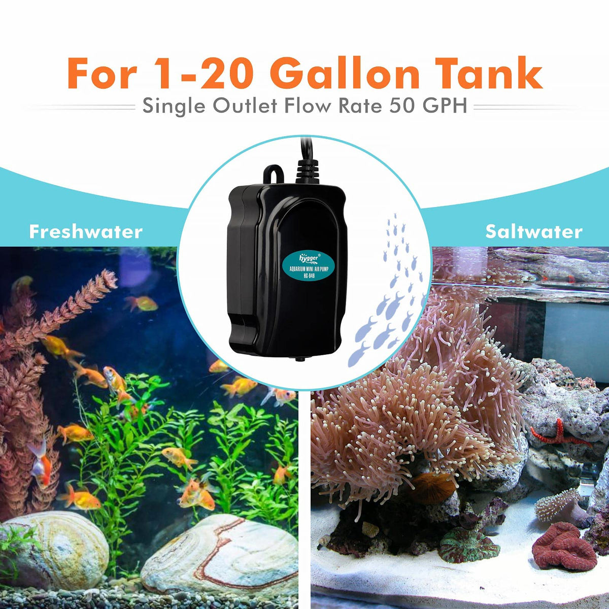 Mini Aquarium Air Pump Kit 1W for 2-20 Gallon Fish Tank with Air Tube Y30605