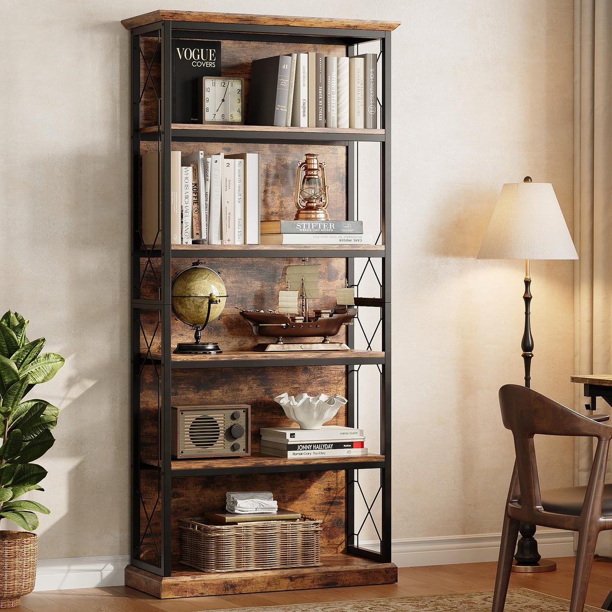 71 Inch 5 Tier Rustic Wood Bookshelf W32618