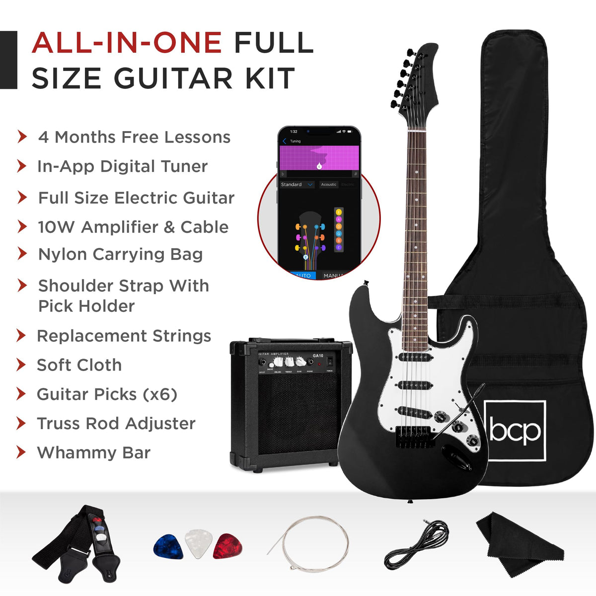 39in Full Size Beginner Electric Guitar Starter Kit with Case, Amp, Strings, Pick - Jet Black D234423