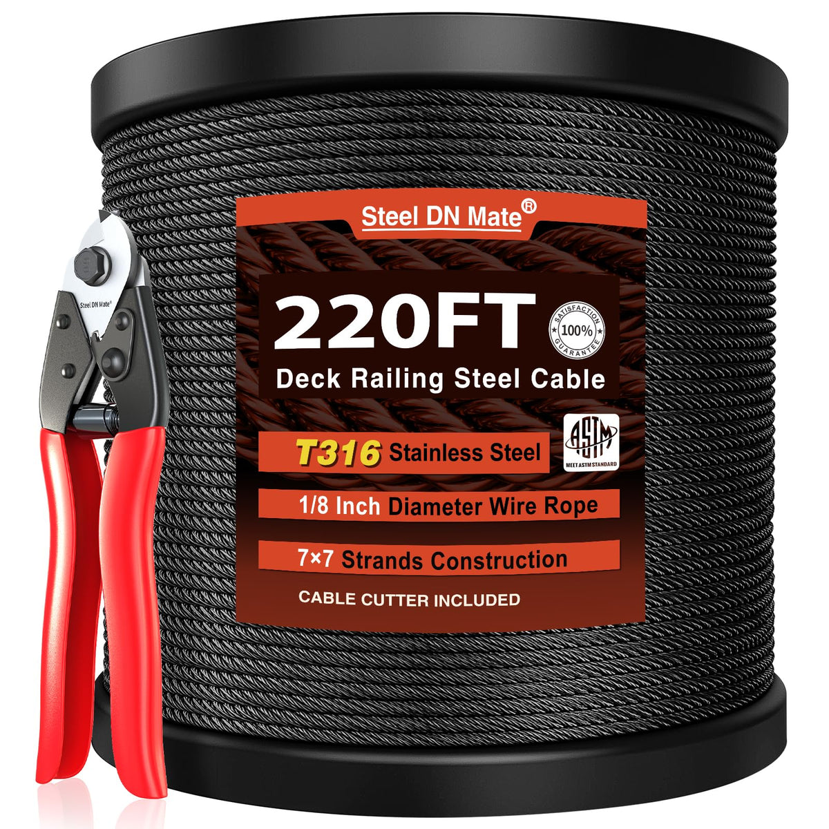 Black Stainless Steel Cable for Railing 220FT 1/8" T316 Wire Rope E20110