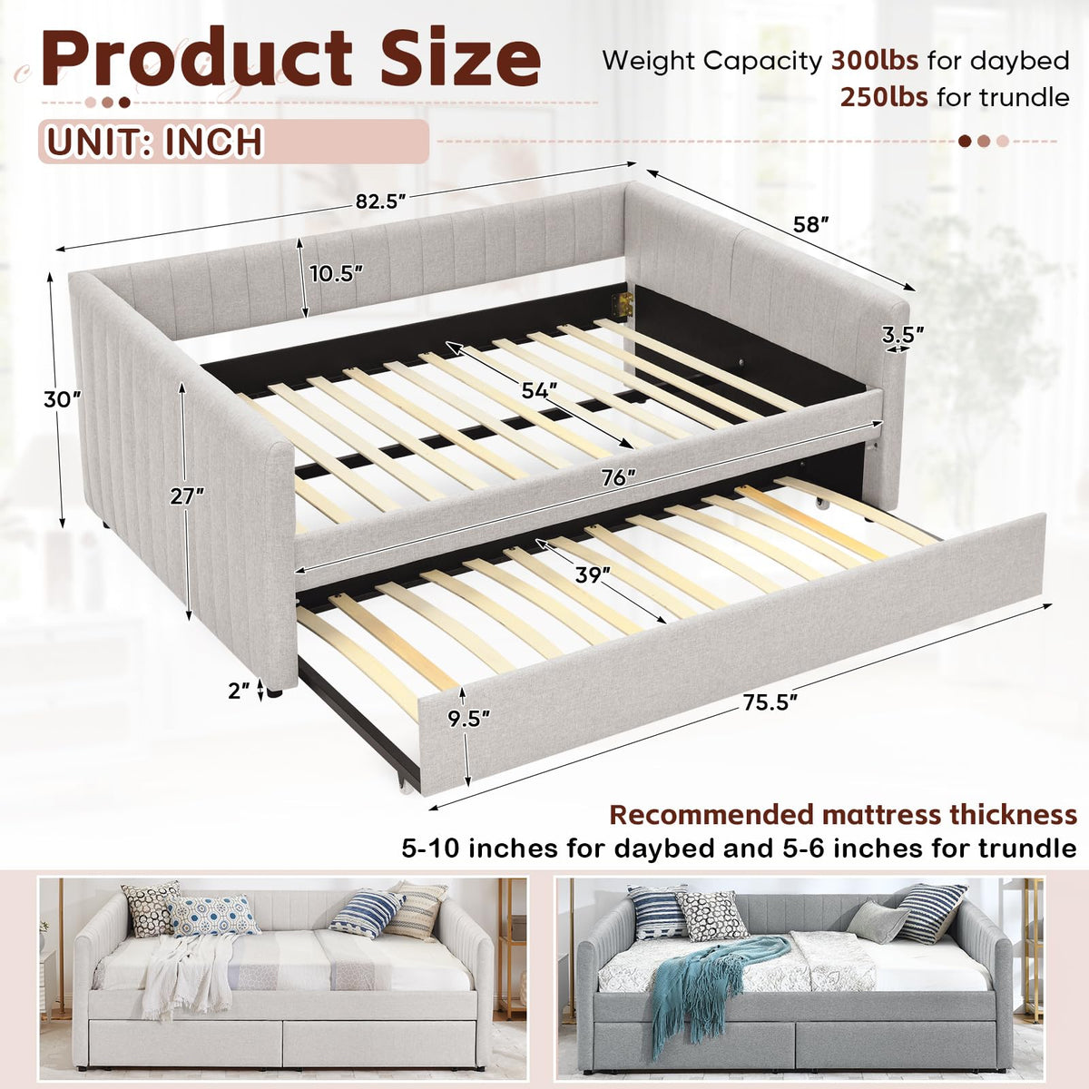 Linen Fabric Upholstered Full Size Daybed with Twin Trundle L902933