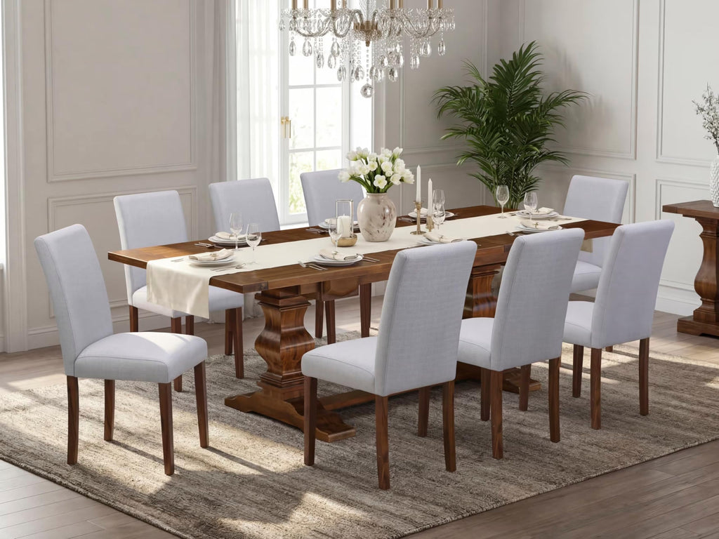 9 Piece Walnut Dining Table Set with 8 Grey Linen Chairs P5022