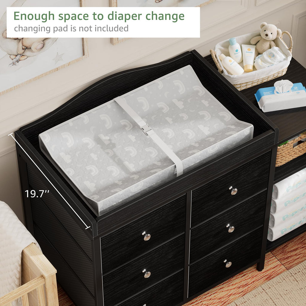 Black 6 Drawer Baby Dresser with Changing Table Top F845273