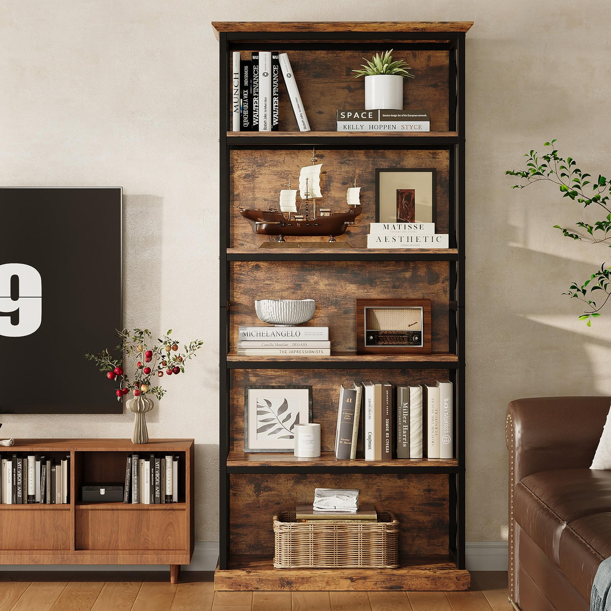 71 Inch 5 Tier Rustic Wood Bookshelf W32618