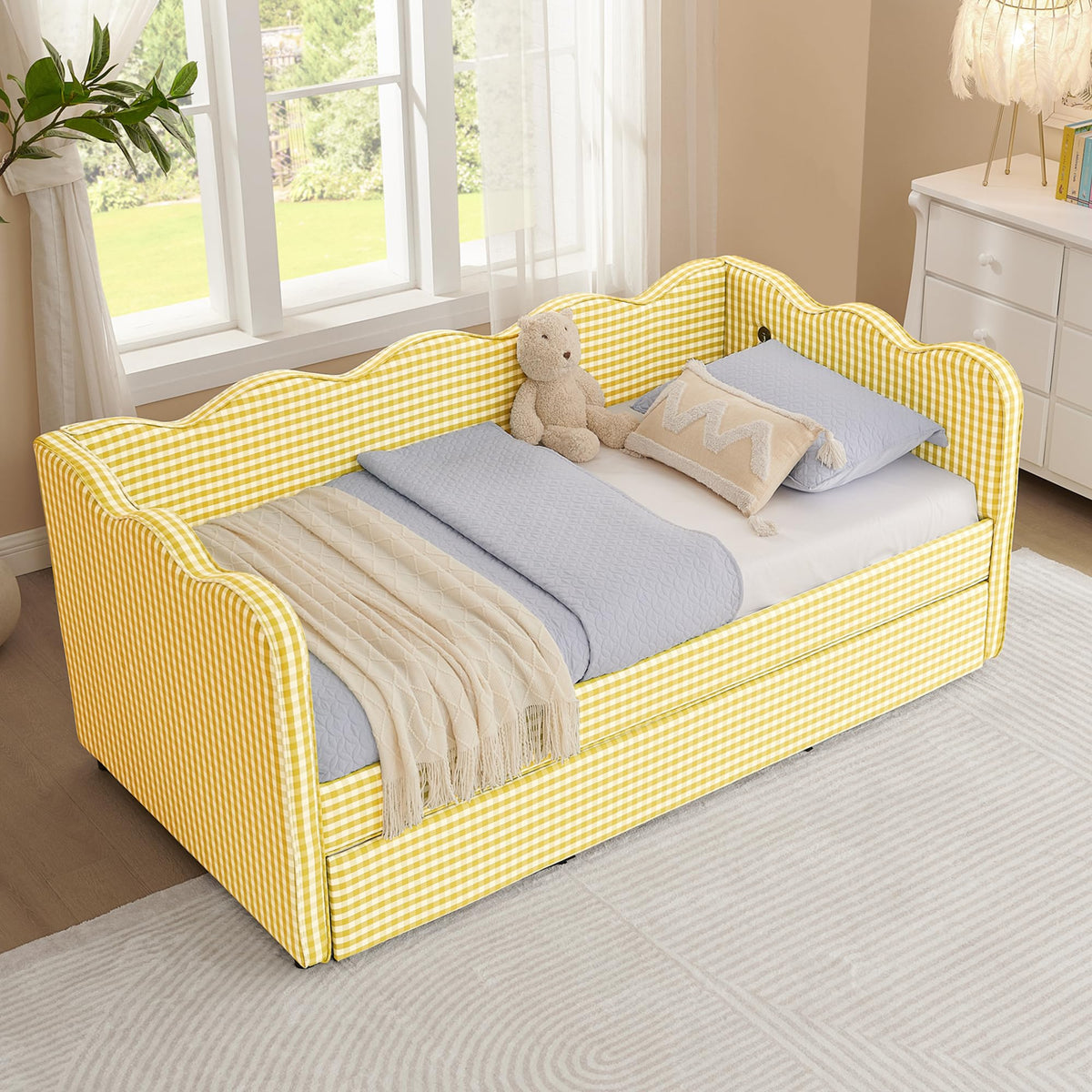 Twin Size Linen Upholstered Daybed with Trundle D742