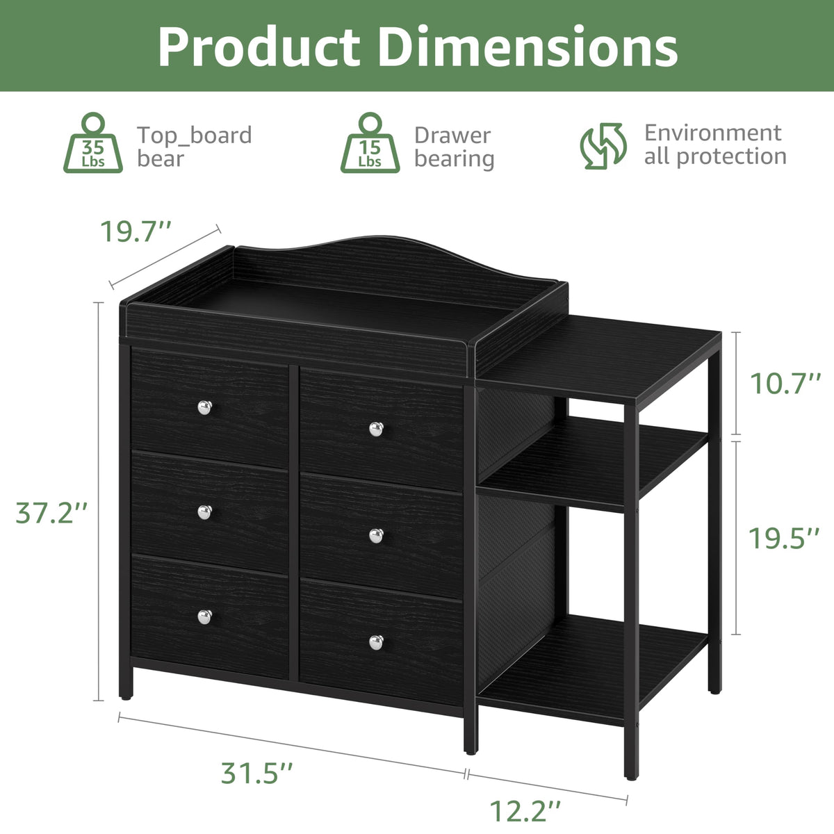 Black 6 Drawer Baby Dresser with Changing Table Top F845273