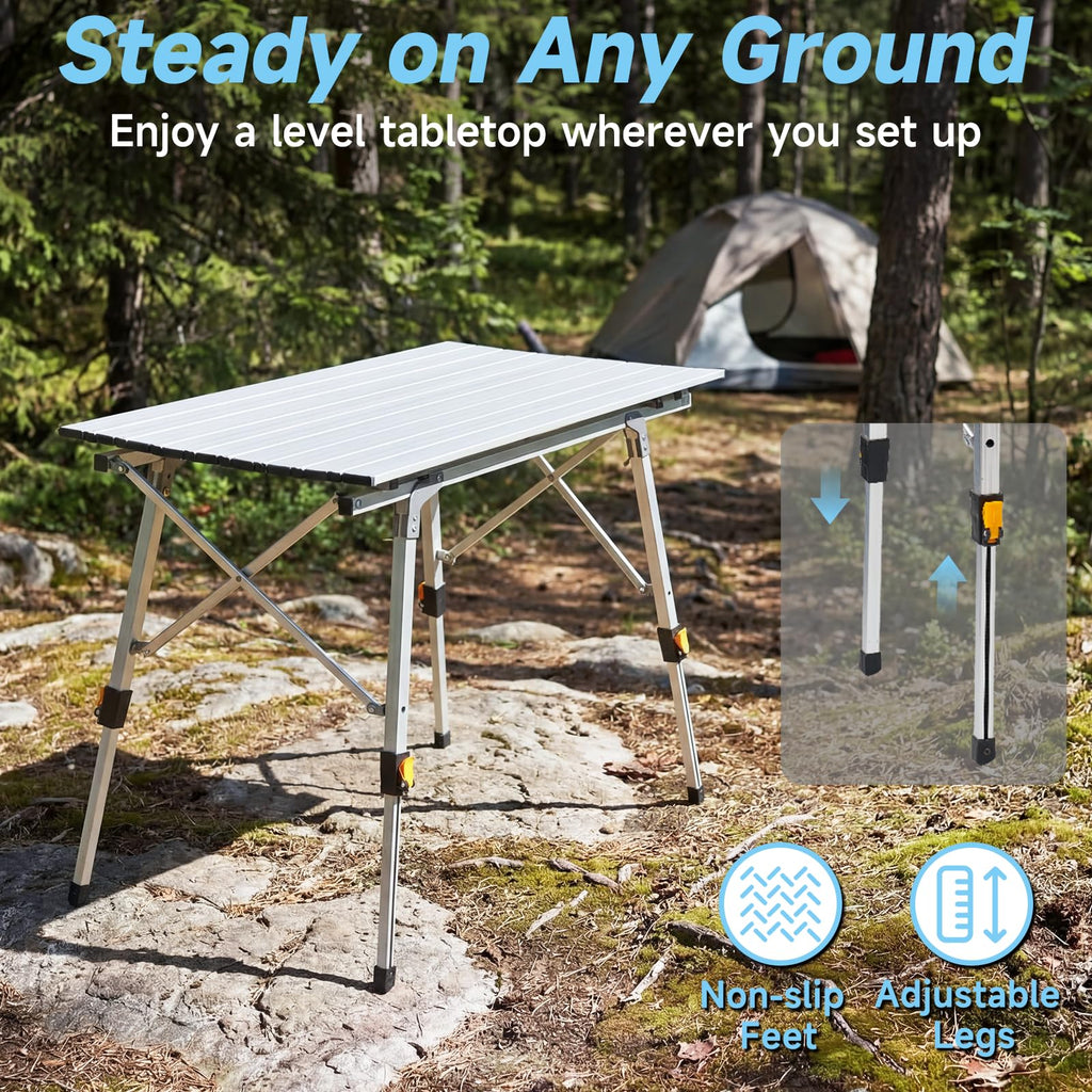 Camping Table Portable Foldable with Adjustable Legs & Storage Layer O557