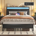 Full Bed Frame with Headboard, Footboard, Charging Station, LED Light, Storage Shelf, Black J413415