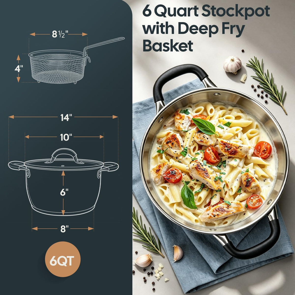 6 Quart Stainless Steel Deep Fryer Pot with Basket D331