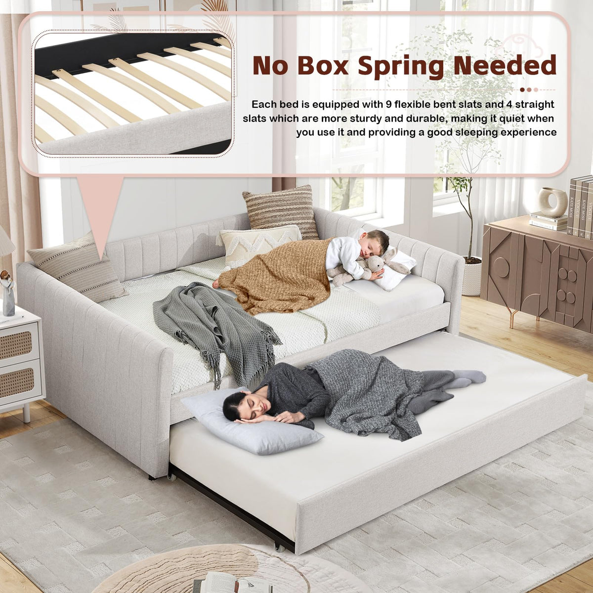 Linen Fabric Upholstered Full Size Daybed with Twin Trundle L902933