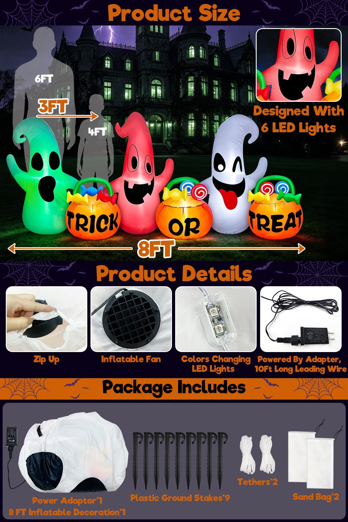 8 Ft Halloween Inflatable Ghosts Decoration E7702