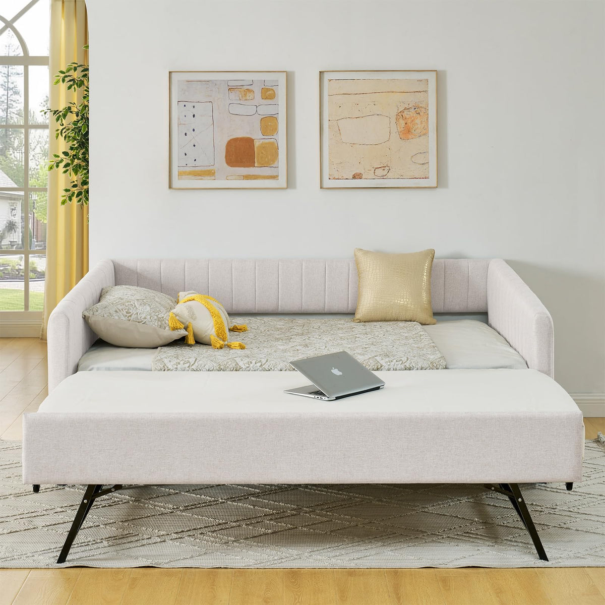 Linen Fabric Upholstered Full Size Daybed with Twin Trundle L902933