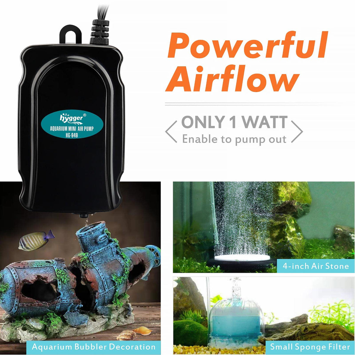 Mini Aquarium Air Pump Kit 1W for 2-20 Gallon Fish Tank with Air Tube Y30605