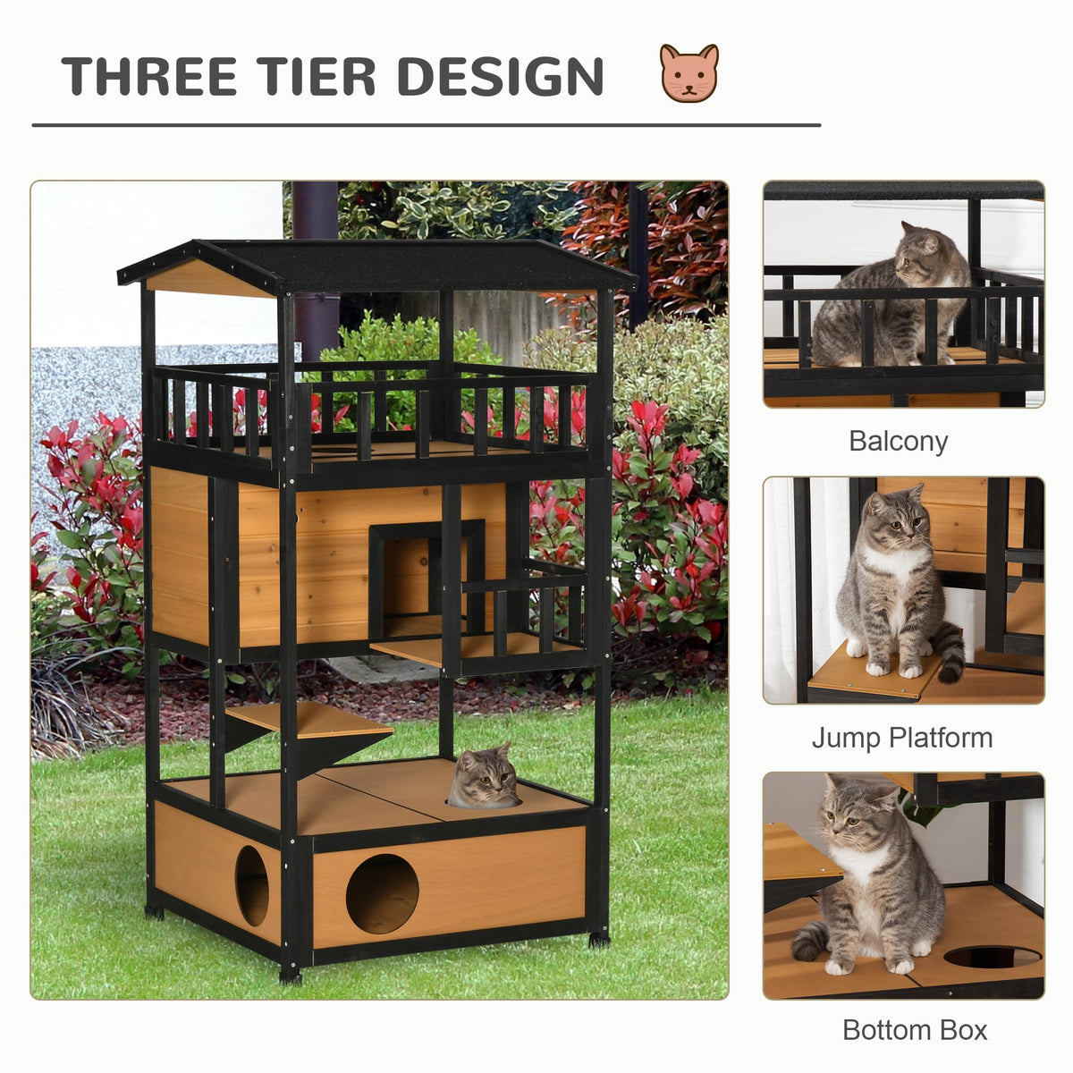 3-Story Wooden Outdoor Cat House with Raised Floor D685603