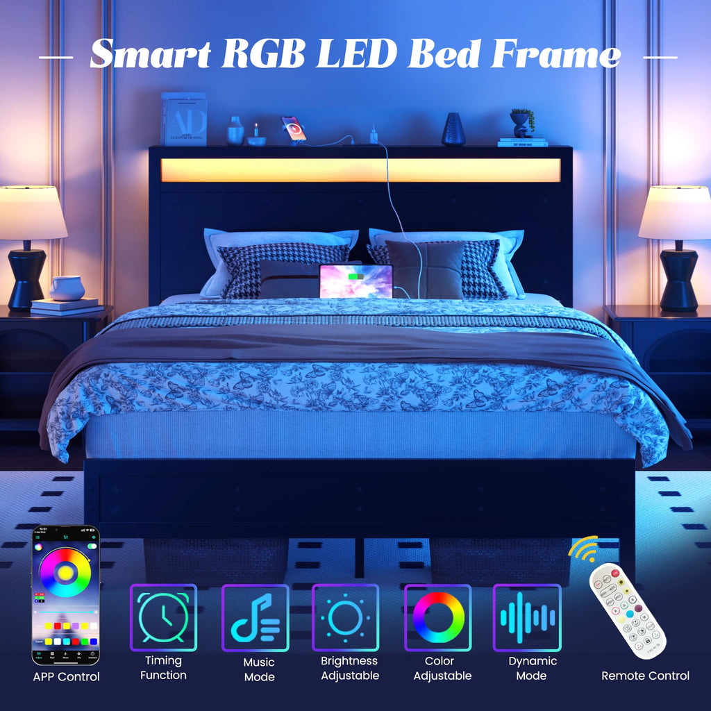 Full Bed Frame with Headboard, Footboard, Charging Station, LED Light, Storage Shelf, Black J413415