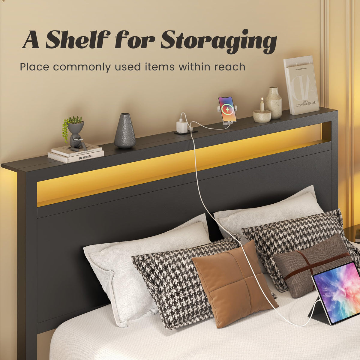 Full Bed Frame with Headboard, Footboard, Charging Station, LED Light, Storage Shelf, Black J413415