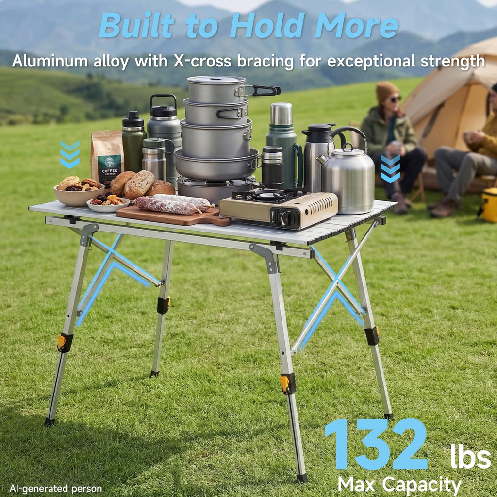 Camping Table Portable Foldable with Adjustable Legs & Storage Layer O557