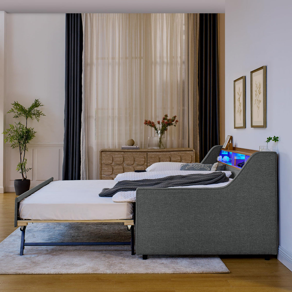 Twin Linen Upholstered Daybed with Pop Up Trundle D6500