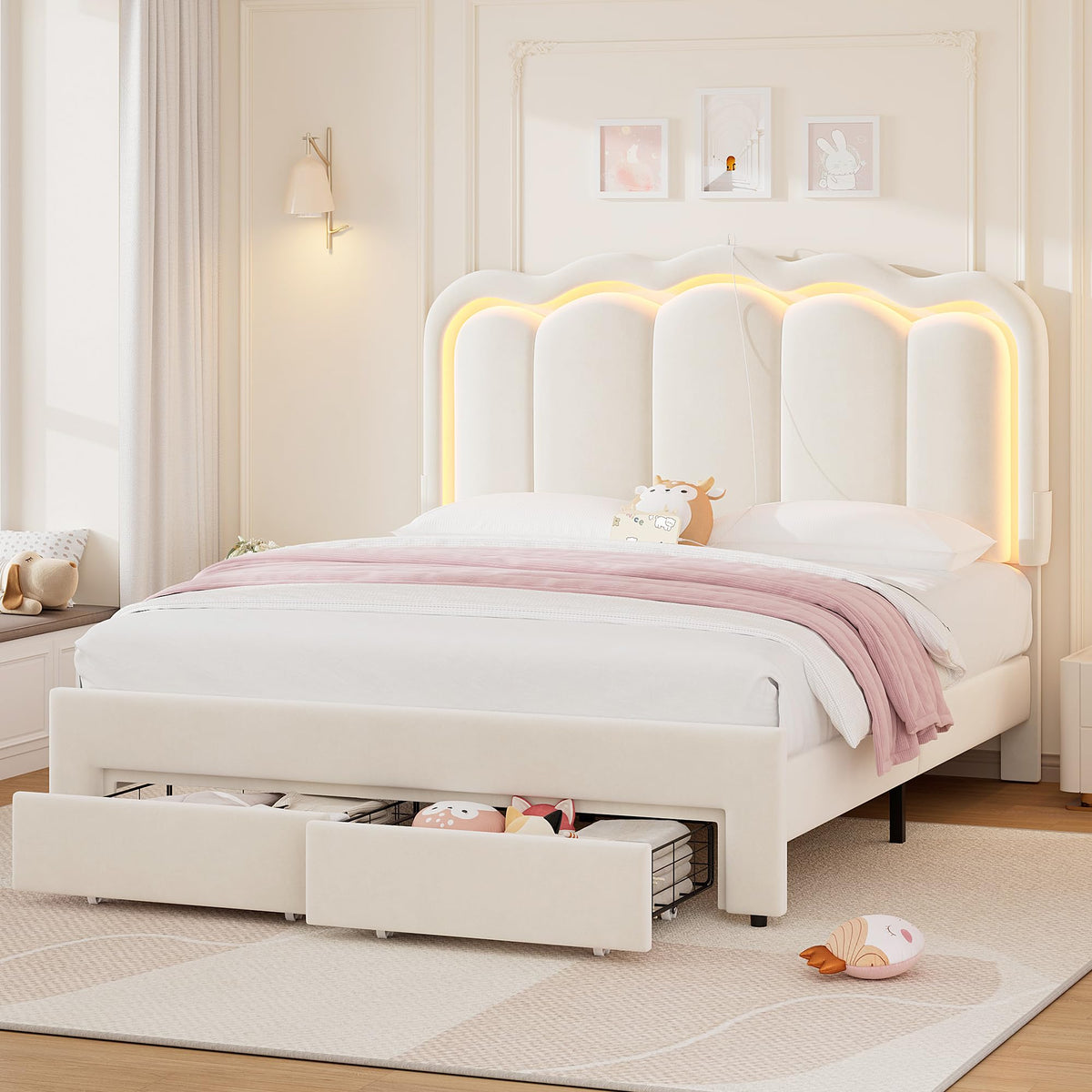 Beige Velvet Upholstered LED Bed Frame with 2 Storage Drawers T358