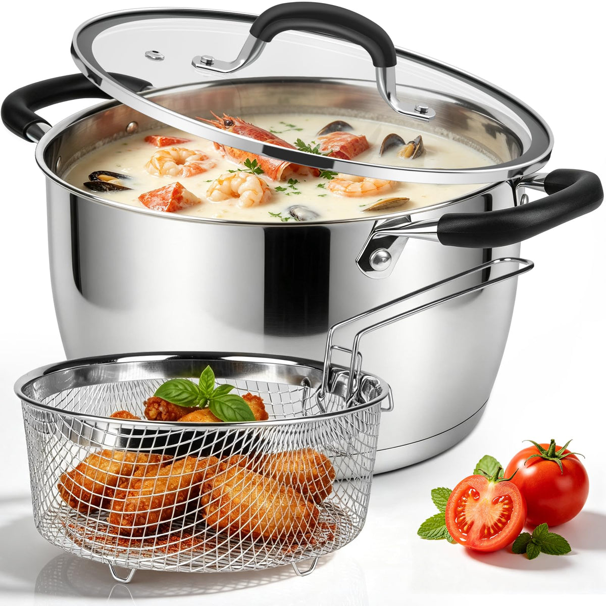 6 Quart Stainless Steel Deep Fryer Pot with Basket D331