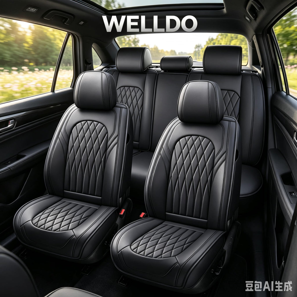 Black Faux Leather Car Seat Cover Full Set R90204
