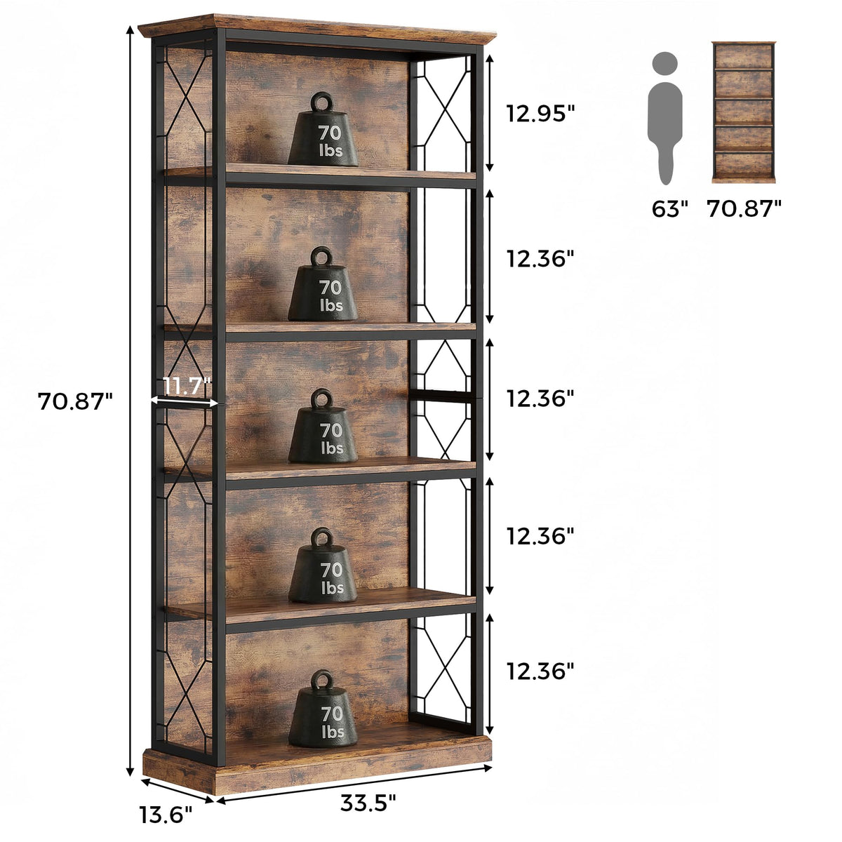 71 Inch 5 Tier Rustic Wood Bookshelf W32618