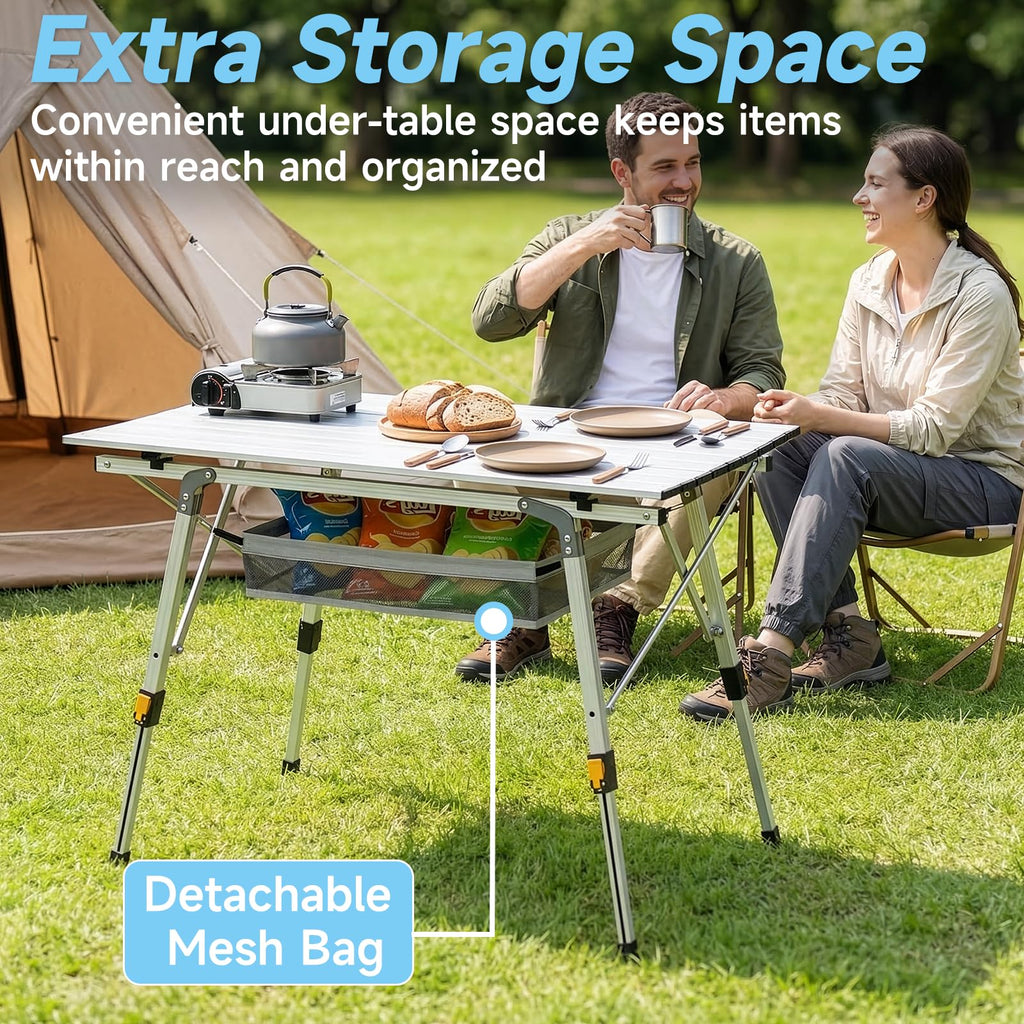 Camping Table Portable Foldable with Adjustable Legs & Storage Layer O557