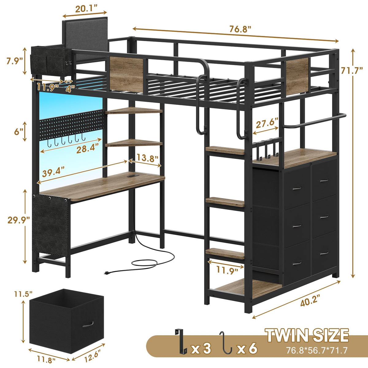 Twin Loft Bed with Desk and 6 Storage Drawers T461