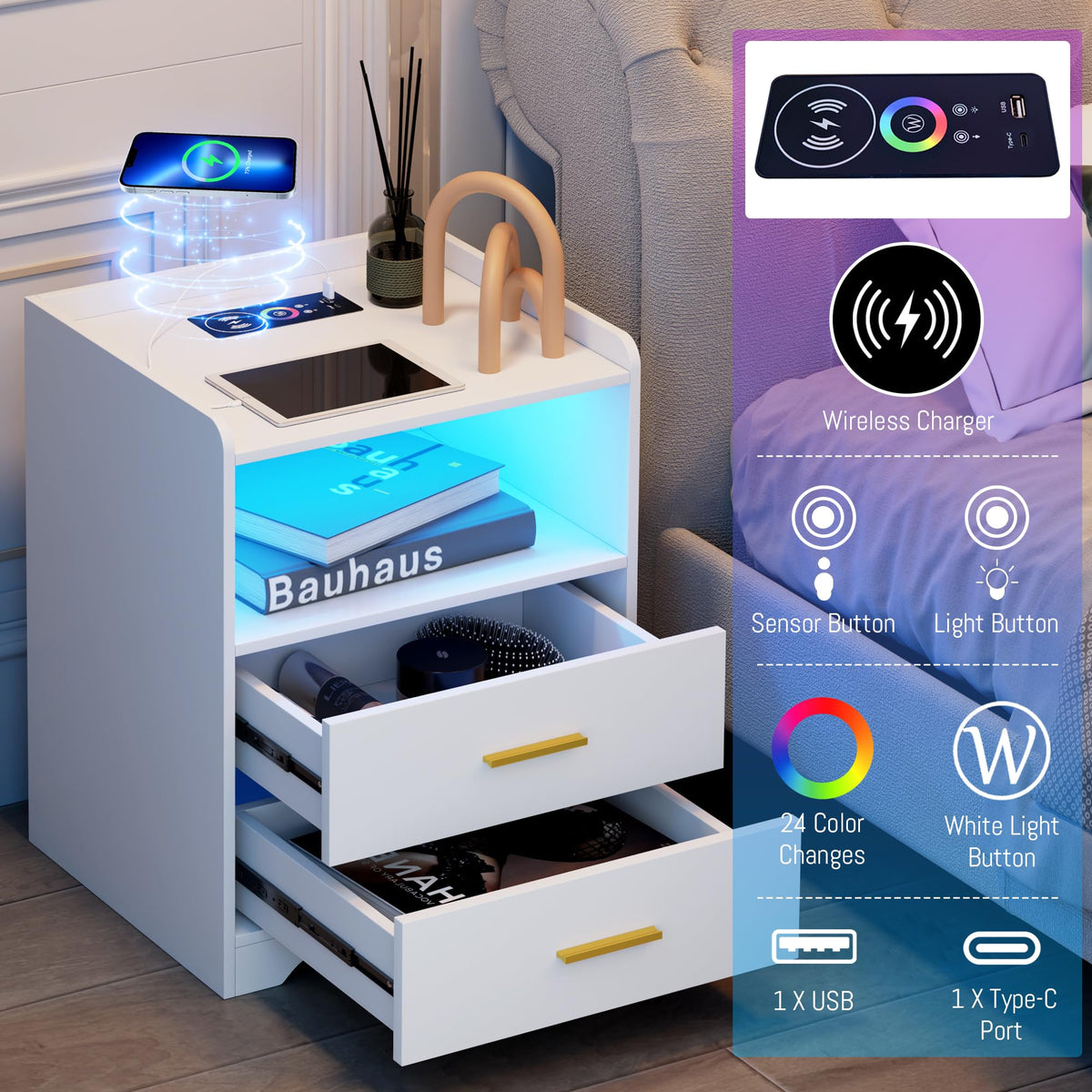 White Nightstand with Charging Station U140985