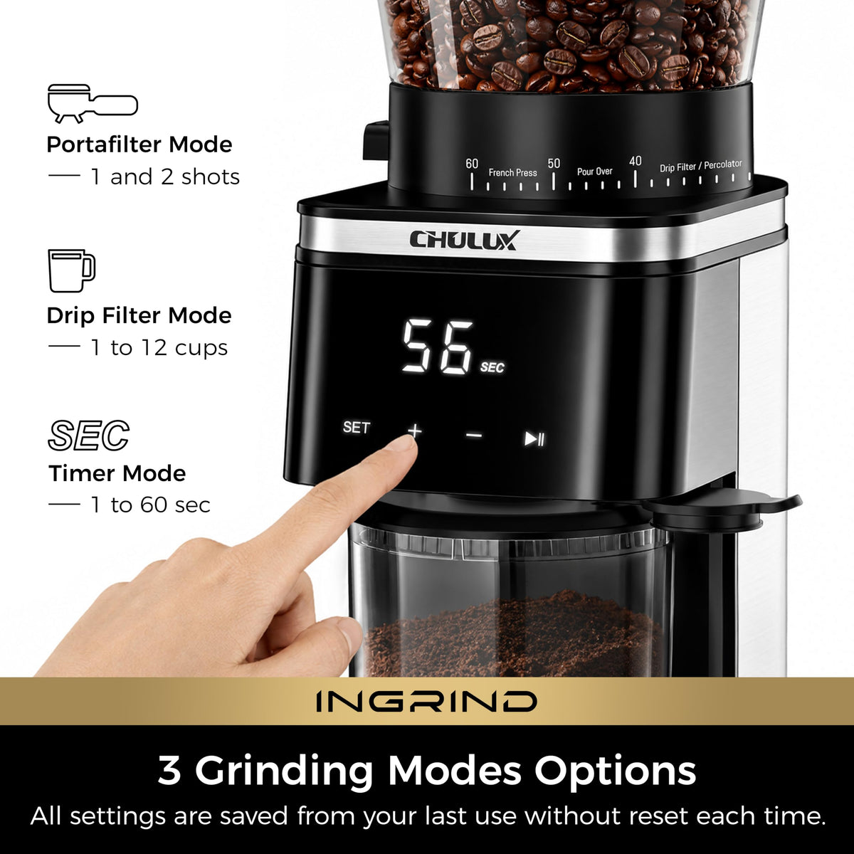 Electric Coffee Grinder with 60 Grind Settings O774053