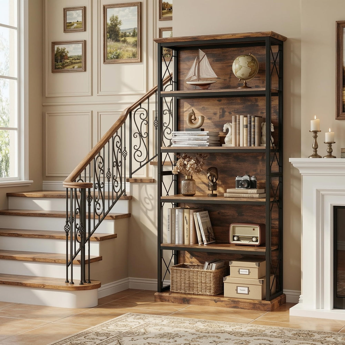 71 Inch 5 Tier Rustic Wood Bookshelf W32618