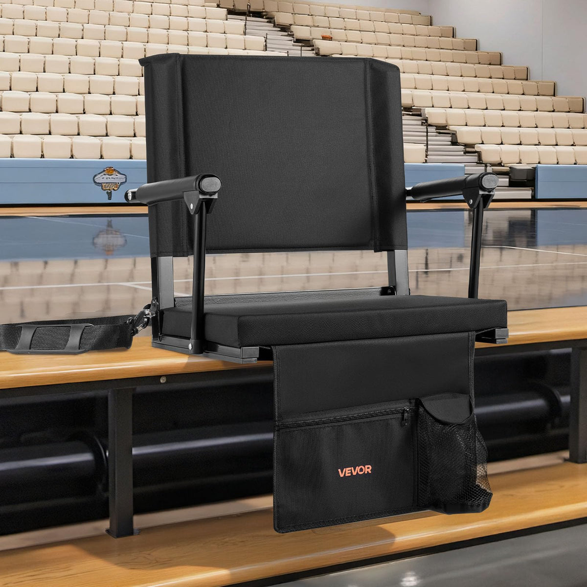 Portable Bleacher Seat with Armrest, Back Support and Cup Holder, Black D67921