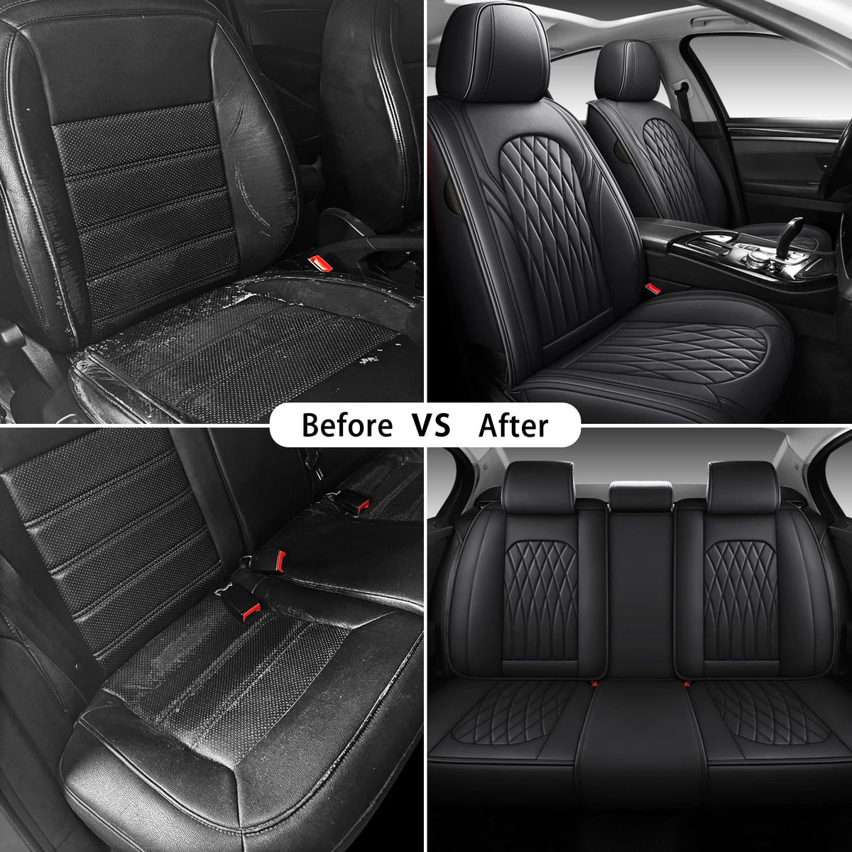 Black Faux Leather Car Seat Cover Full Set R90204